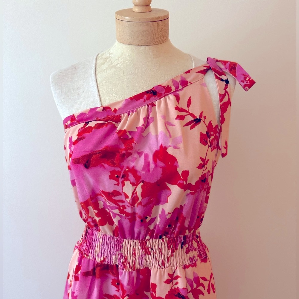 PRETTYGARDEN One-Shoulder Pink Floral Dress S - Picture 2 of 7